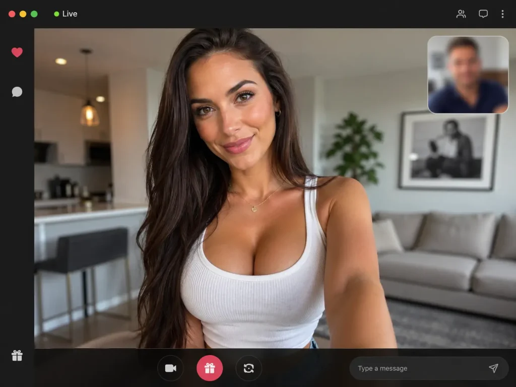 A brunette woman taking a selfie-style video chat photo in a bright apartment