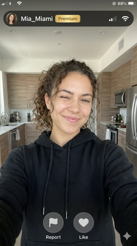 A girl winking playfully in a casual hoodie, showing how to keep video chat flirting light and low-stakes