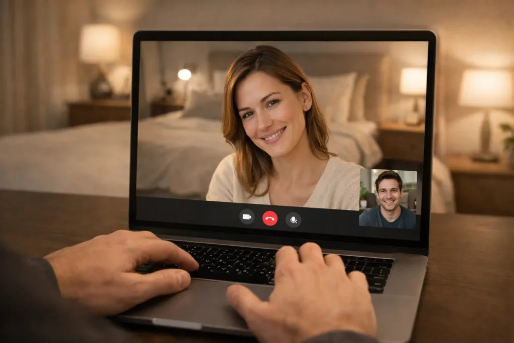 A man using a laptop for a live video chat with girls in USA, showing a clear cam-to-cam connection