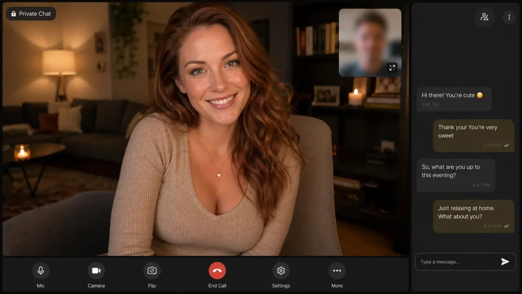 A smiling red-haired woman in a cozy private video chat setting