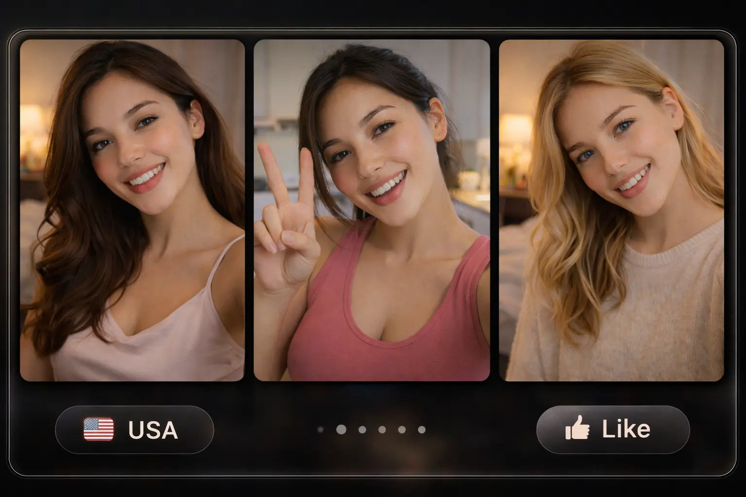 Premium random video chat interface featuring verified girls from the USA with a country filter and like button enabled