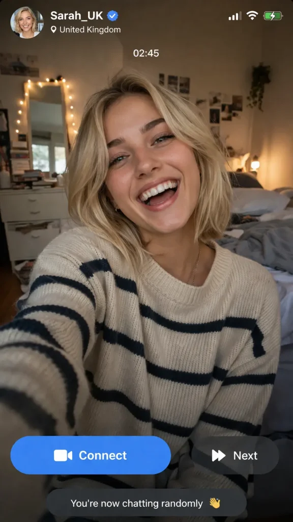 A girl laughing naturally on a random video chat, demonstrating a relaxed and confident conversation opener