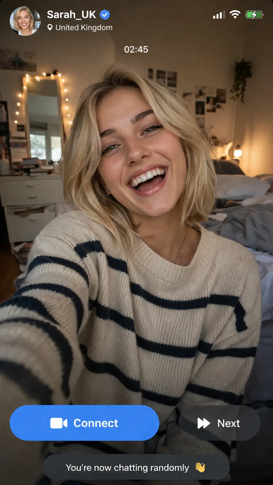 A girl laughing naturally on a random video chat, demonstrating a relaxed and confident conversation opener