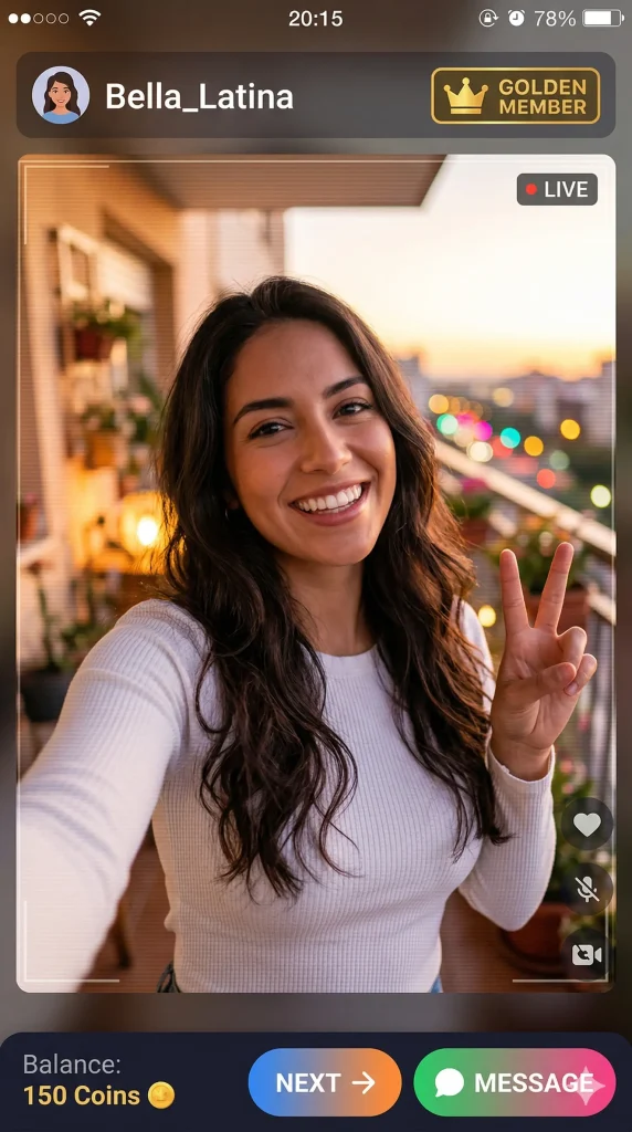 A confident girl on a live cam platform showing good posture, natural lighting, and relaxed body language for video chat