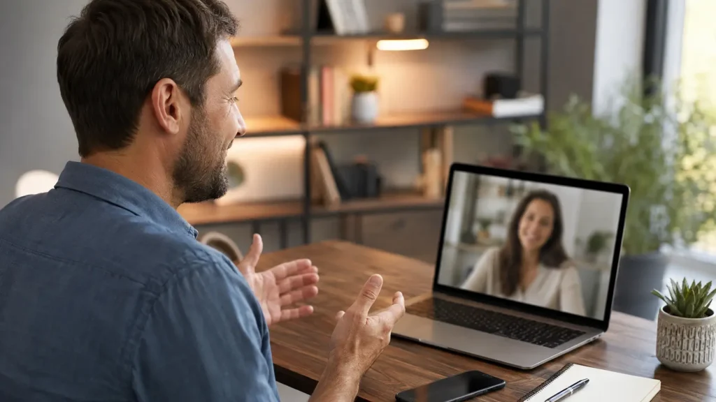 Man and woman having a friendly online video conversation