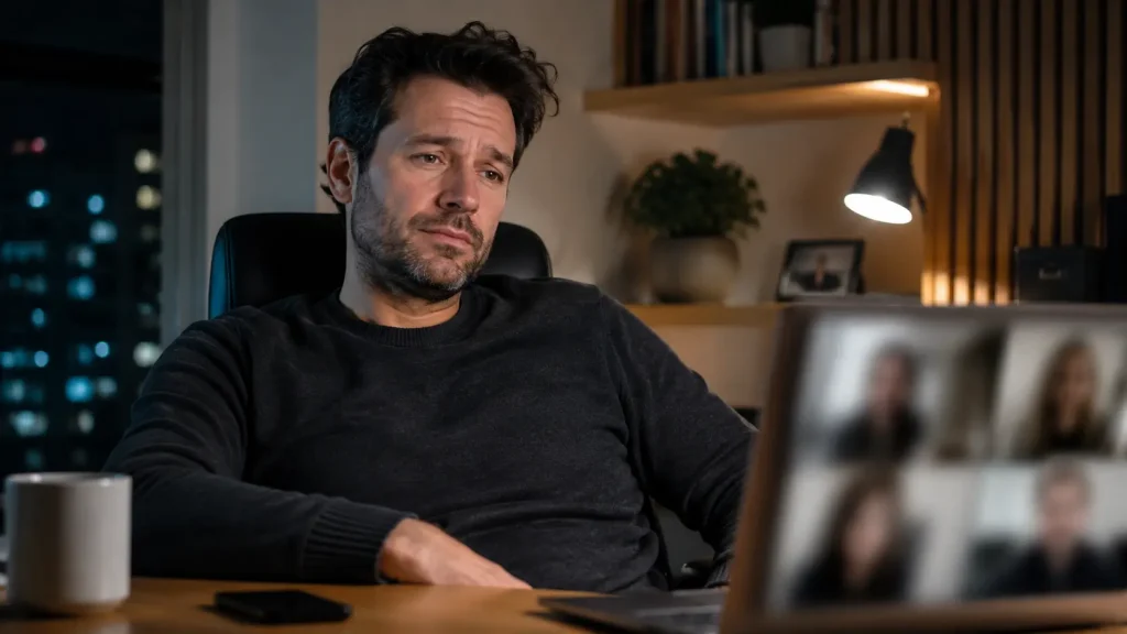 Man using random video chat on a laptop and looking for a conversation